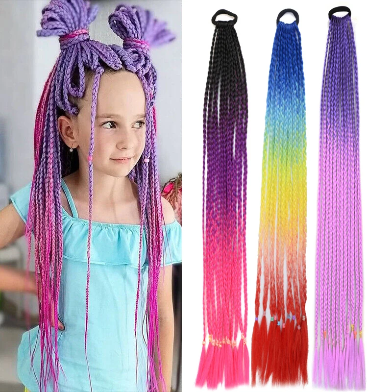 Synthetic Colored Braided Ponytail Hair Extension Rainbow Color Braids Pony Tail with Elastic Band Girl's Pigtail Braiding Hair