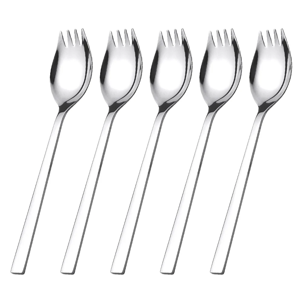 Spork Stainless Steel Spoon Fork Cutlery 5Pcs Long Handle Portable for Dessert Ice Cream Salad