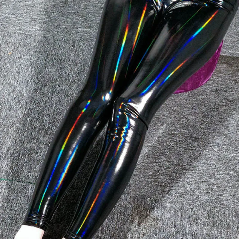 Women Colorful Shiny Leather Leggings Black Mirror Reflective Stretch Leather Pants Skinny Thin Leather Pencil Trousers Legging 4