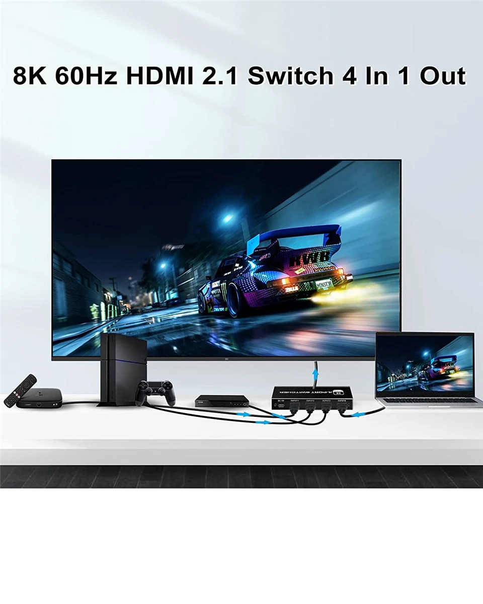 8K HDMI 2.1 Switcher Selector 4K 120Hz HD Switch HDMI Splitter 4 In 1 Out 3 In 1