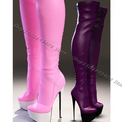 Pink Platform Stiletto Knee Boots Back Zipper High Heels Women Shoes Round Toe Design for Women Sexy Boots Zapatos Para Mujere
