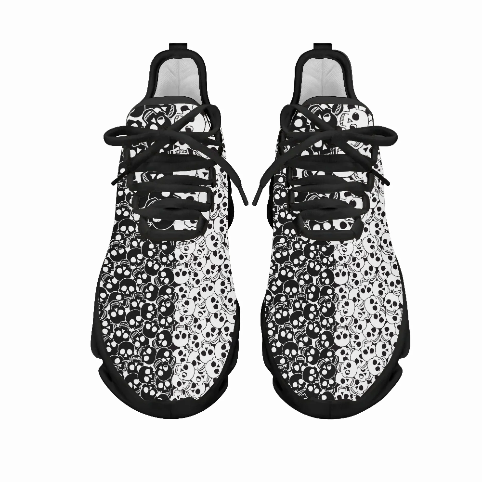 Yikeluo Black White Skull Pattern Printing Breathable Sneakers Casual Running Shoes Mesh Swing Footwear for Women Zapatillas