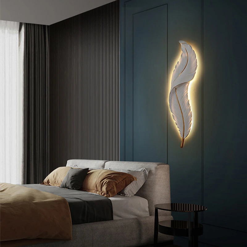 Led White Feather Wall Lamp For TV Backdrop Bedroom Bedside Aisle Corridor Sample Room Environmental Friendly Resin Lights