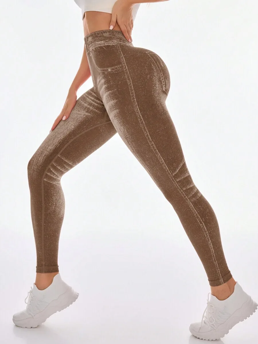 Legging yoga femme effet jean taille V push up fitness