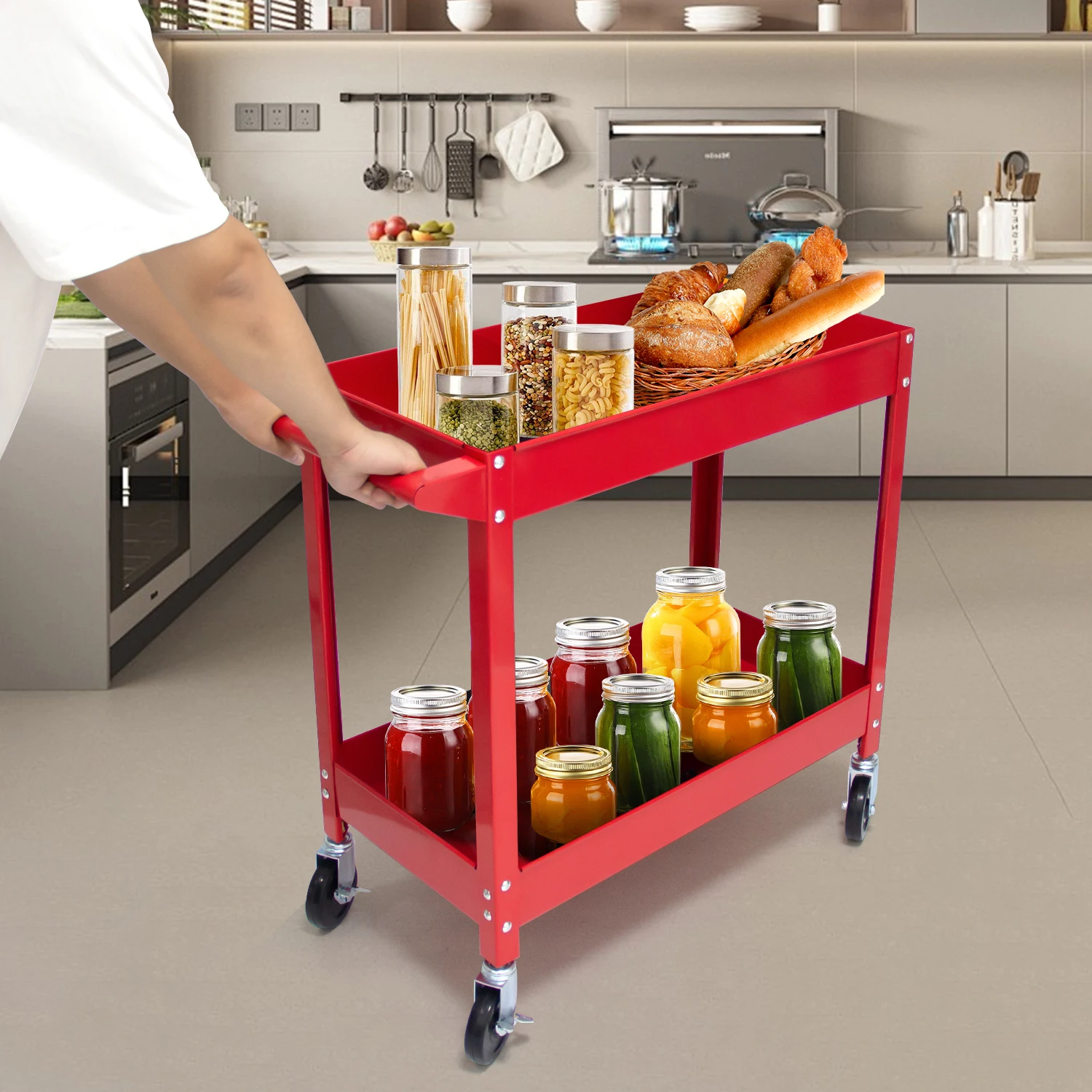 2-Tier Utility Storage Cart 300 lbs Steel Rolling Tool Cart on Wheels Load Capacity for Warehouse Workshop & Repair Shop