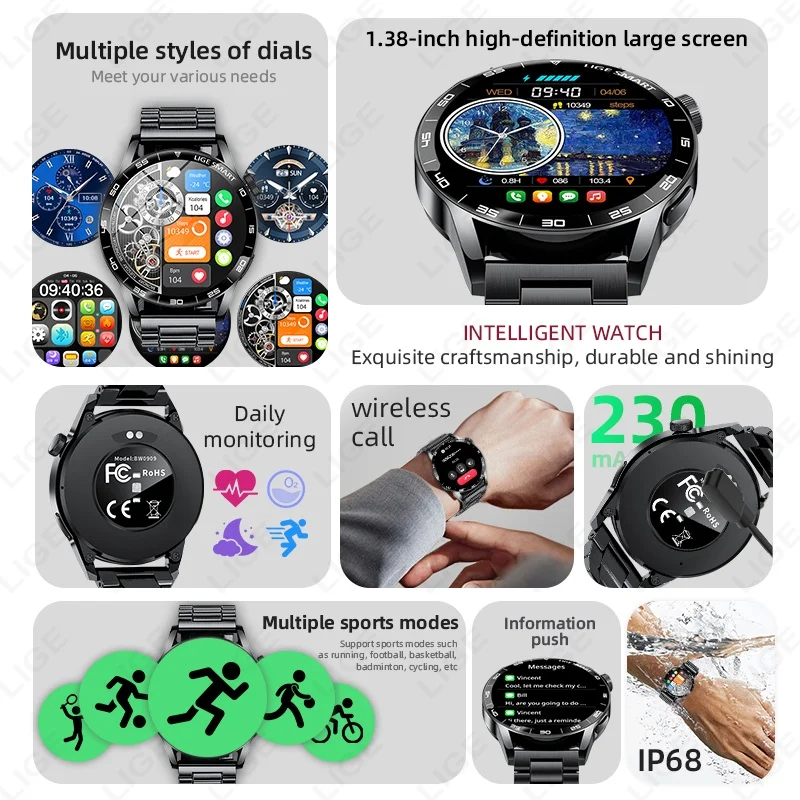 LIGE Outdoor Military Smartwatch Men Bluetooth Talking Smartwatch 1.38" HD Full Touch Heart Rate Monitoring Sports Fitness Watch