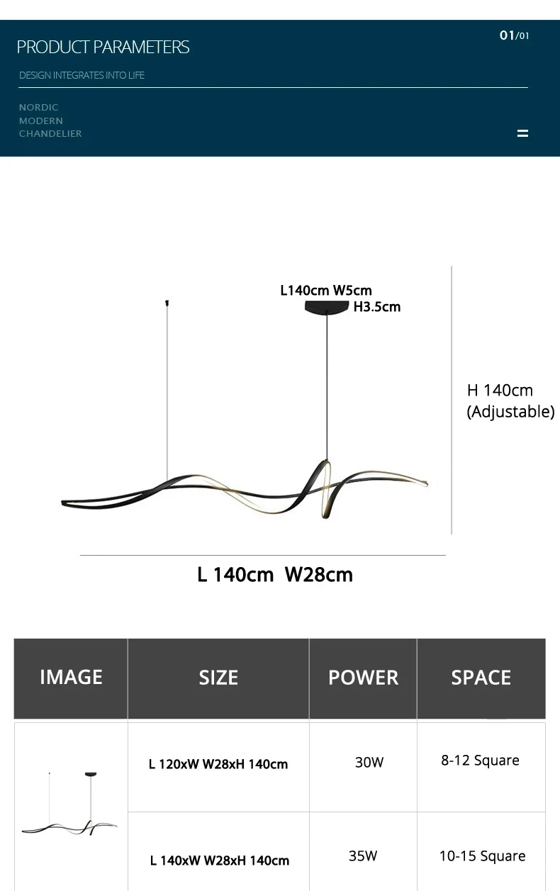 Description Picture 5 of itemNordic Simple Strip LED Chandeliers for Living Dining Room Table Center Pendant Lamp Residential Interior Decor Lighting Fixture