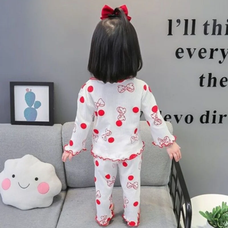 Spring Autumn Children's Bow Print Long Set Girls Comfortable Cute Home Wear Two-Piece Pajamas Sleepwear