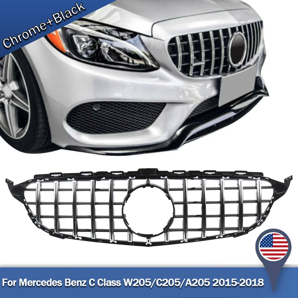 

MagicKit GT R AMG Style Grill Grille Front Bumper for Mercedes W205 C250 C300 C400 Tuning Grille 2015-2018 Auto Accessories