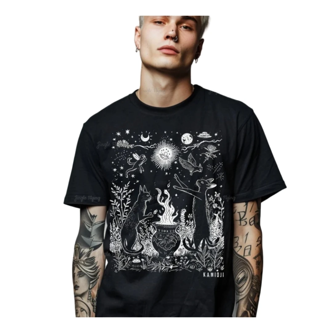 Maglietta Celeste Gatto Maglietta Strega Maglietta Scura Cottagecore Strodcore Arte Astratta Goth Abbigliamento Unisex Tee