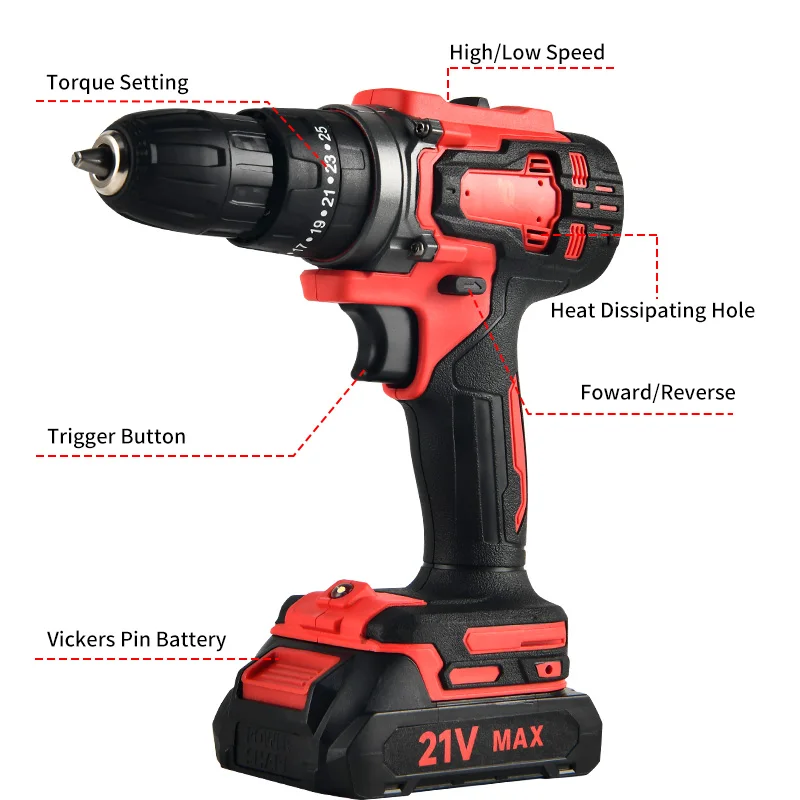 21V Electric Drill Brush Motor 2 Speed Control Stepless Speed Regulation Rotation Ways 25 Gears Torques Adjustable Lithium Drill 4