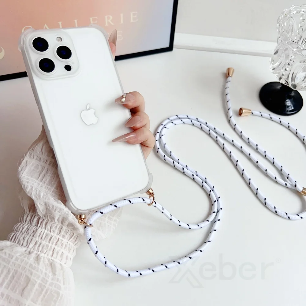 כיסוי מט שוקופרוף עם רצועת צוואר לאייפון 17 16 פרו מקס 15 14 13 מיני 12 11 XR XS X 7 8 פלוס כיסוי TPU רך ושקוף