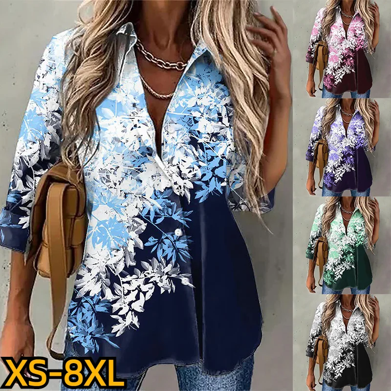 

Autumn New Design Printing Sexy V-neck Blouse Elegant Women Button Long Sleeve Winter Ladies Top Fashion Clothes Vintage Shirt