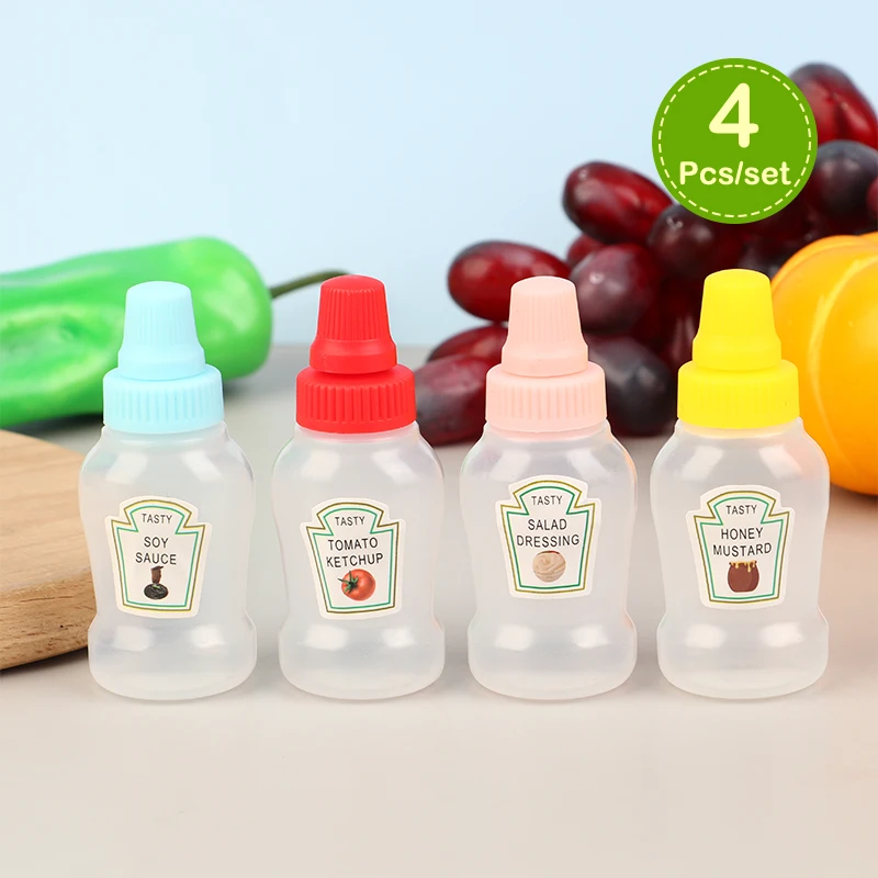 Description Picture 2 of item4Pcs/set Mini Sauce Bottle Ketchup Honey Salad Containers Bottles Portable Sauce Jars Storage Lunch Box Dressing Dispensers