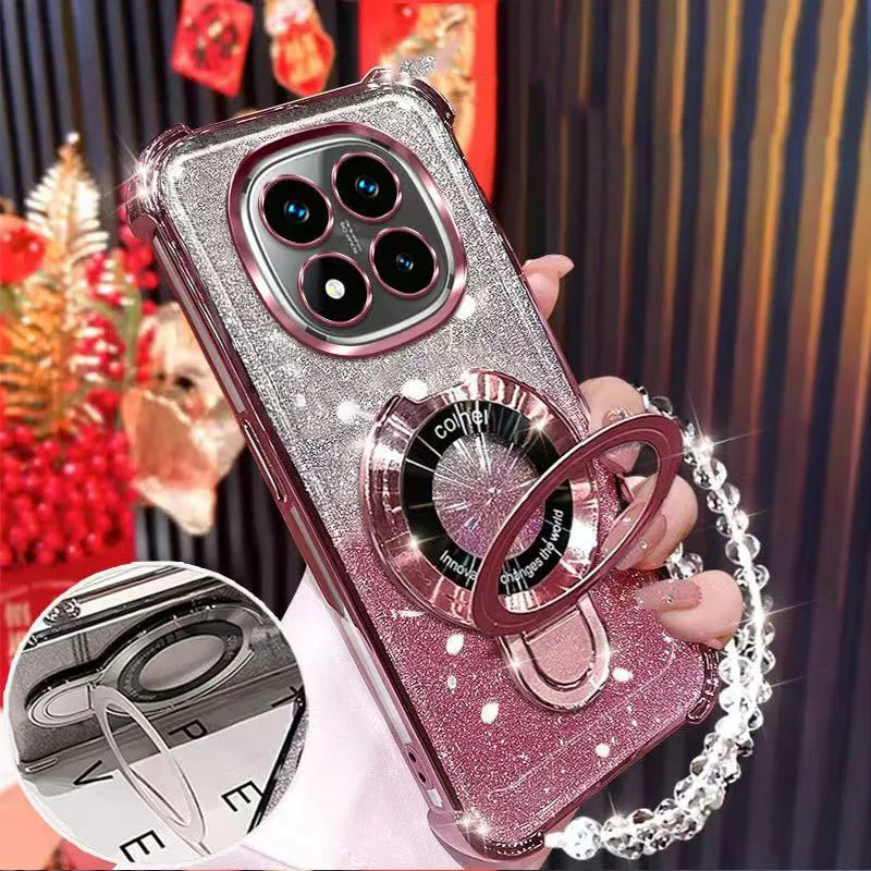 Custodia Xiaomi Redmi Note 14 Pro 5G Con Collana E Glitter - Cover Rigida Con Anello Magnetico E Supporto Auto, Design Elettroplaccato Nero - 5