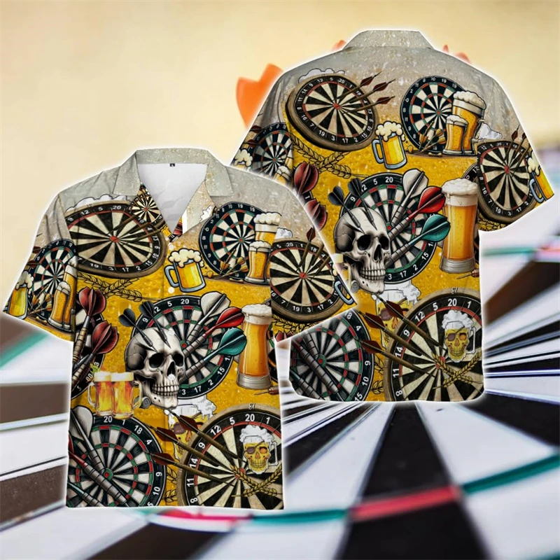 Beer Darts Graphic Short Sleeve Shirts For Men Clothes Casual Bar Party Lapel Blouse Dart Club Button Shirt Sport Team Male Tops 2
