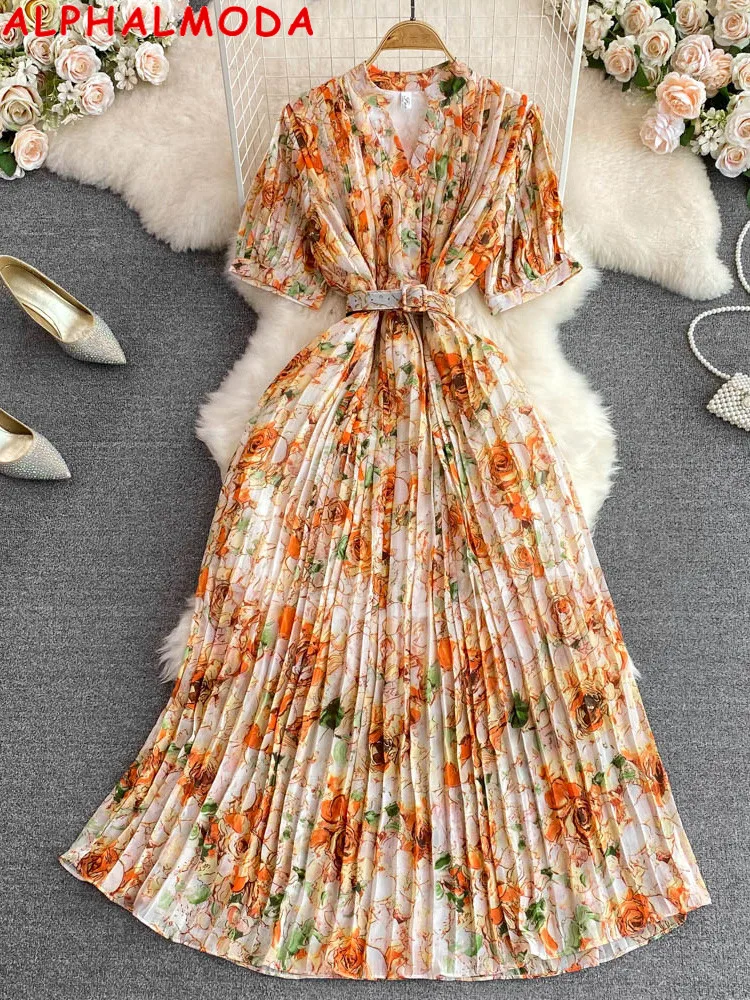 

Женское плиссированное платье ALPHALMODA, элегантное цветочное с поясом с короткими рукавами V-образным вырезом с высокой талией на лето 2023
