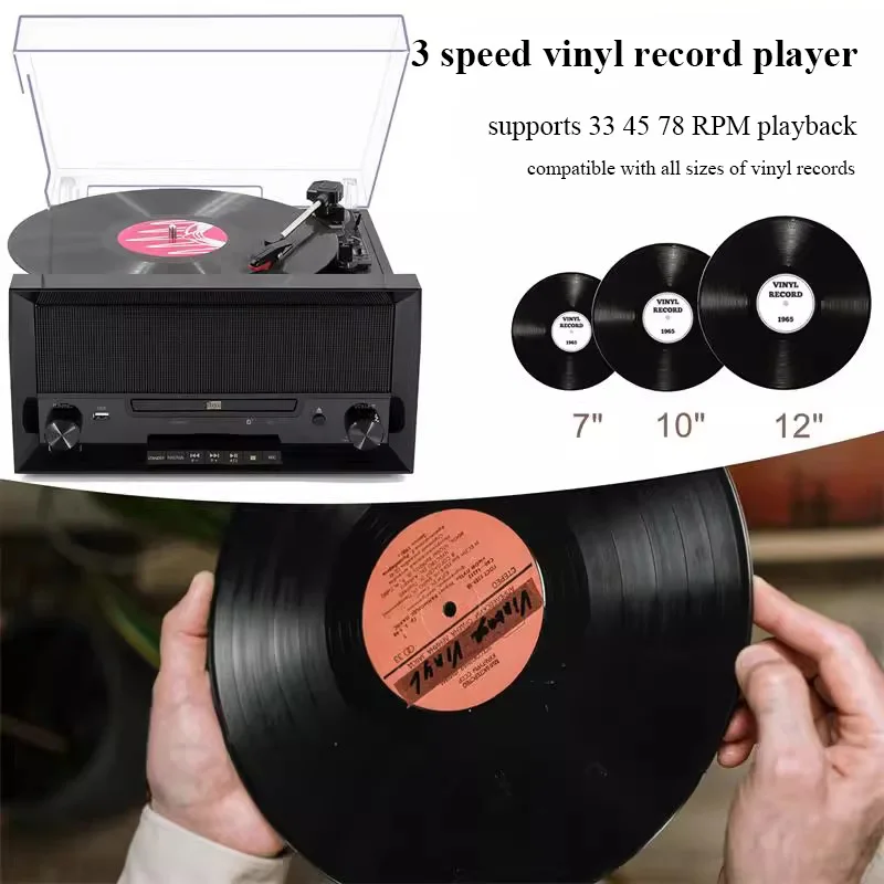 다기능 레트로 비닐 레코드 플레이어 CD 플레이어 내장 스피커 33 45 78RPM 턴테이블 축음기 FM 라디오 USB 재생