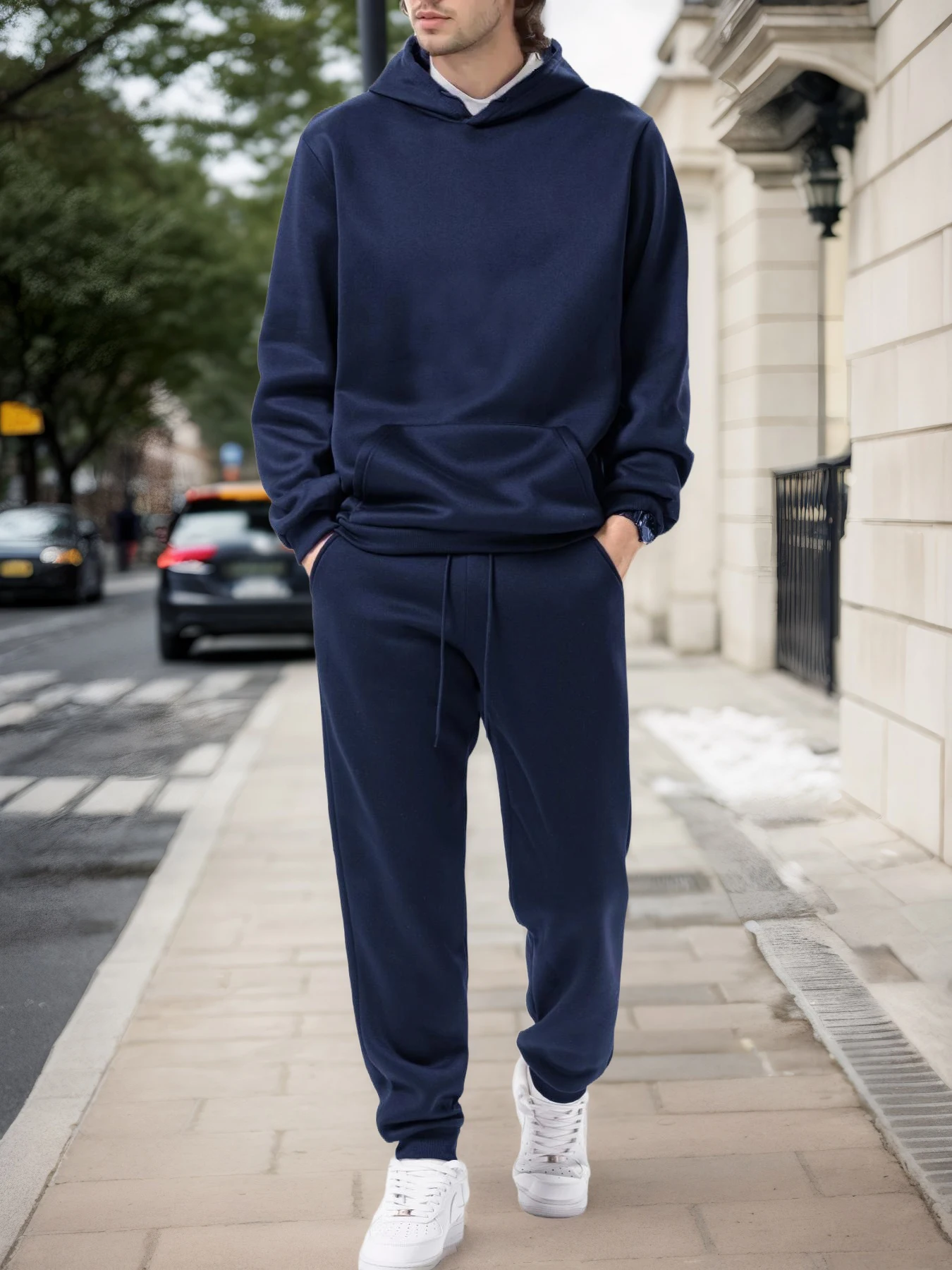 メンズ秋冬無地パーカー + ジョギングパンツ 2 点セットファッショナブルなアウトドアカジュアルスポーツウェアメンズトラックスーツ