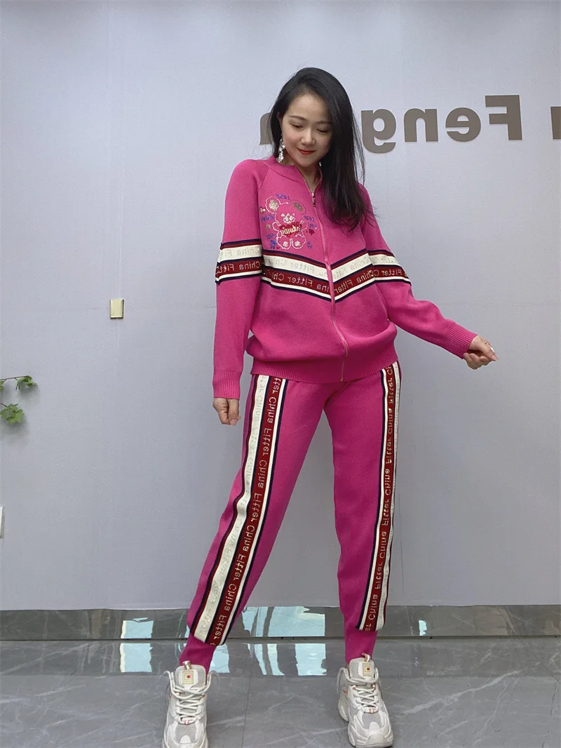 Two Pieces Sweater Long Set For Autumn Knitted Tracksuit Women Stand Collar Outfit And Sports Pants Спортивный костюм для женщин