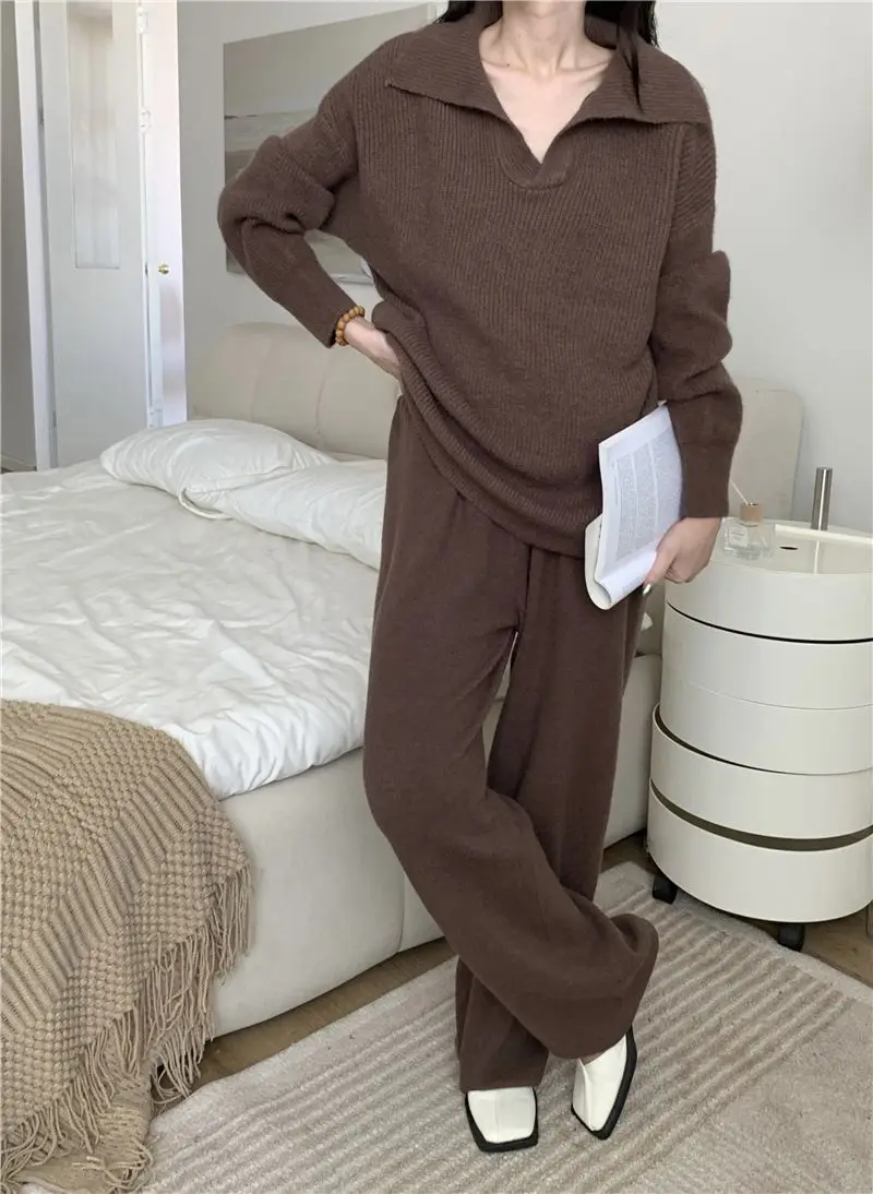 Conjunto de dos piezas de punto para mujer, jersey de solapa, pantalones largos, moda coreana, ropa informal para mujer, prendas de punto nuevas