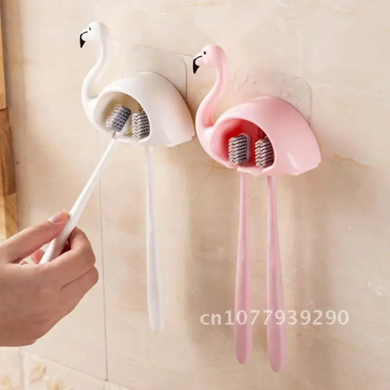 

Sucker Toothbrush Holder Flamingo Shaped Bathroom Accessories 2 Position 1Pcs Cute Wall Mount Toothbrush Rack Organizer