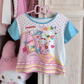 HOUZHOU Blue Kawaii Juminocore T-Shirts Women Y2k Cutecore Striped Short Sleeve Japanese Style Tees Sweet Slim Cropped Tops 1