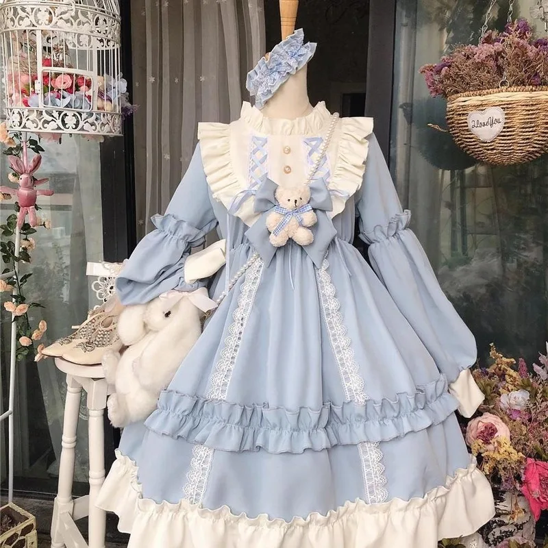 Japanese Gothic Lolita Dress Women Kawaii Bow Bear Lace Blue Dress Long Sleeve Princess Tea Party Costume Gift For Girls