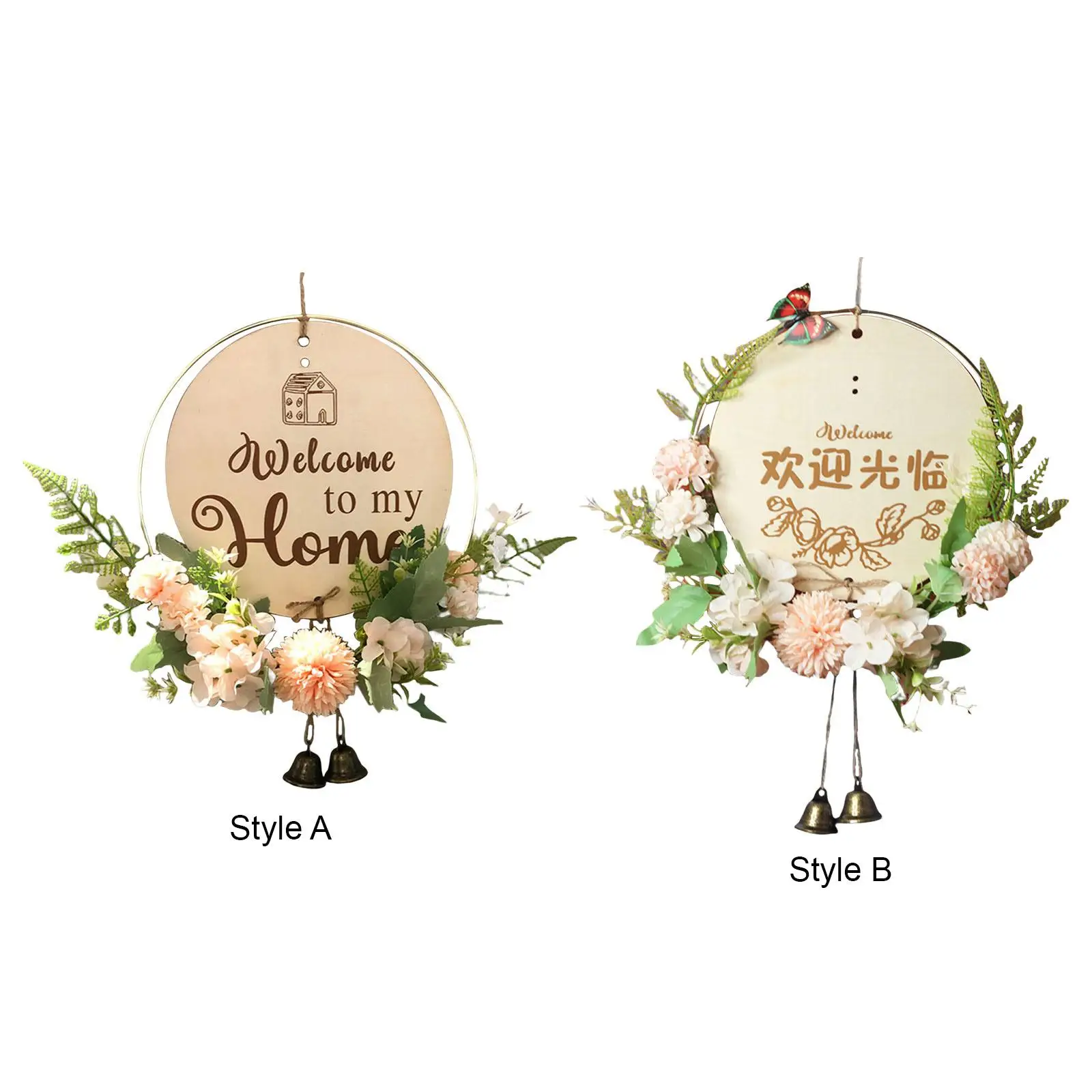 

Wood Welcome Sign Wreath with Bells Creative Farmhouse Garland Round with Green