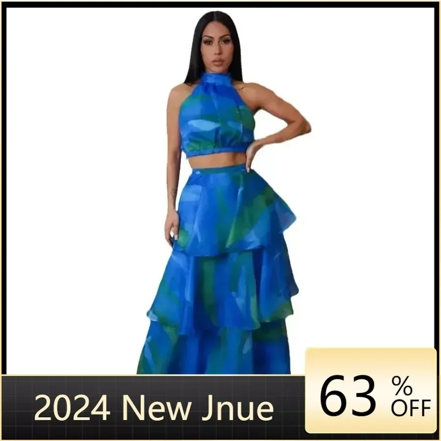 

Summer Sexy African Clothes for Women 2024 Africa Sleeveless Print Polyester 2 Piece Top Long Skirts Matching Sets Outfits M-2XL