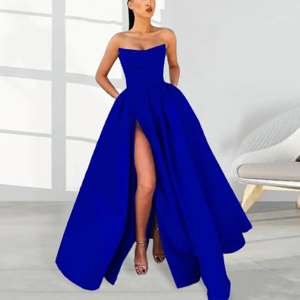 

Lady Evening Dress Bandeau Off Shoulder Backless Sleeveless High Split A-line Big Swing Pleated Back Zipper Closure Performance