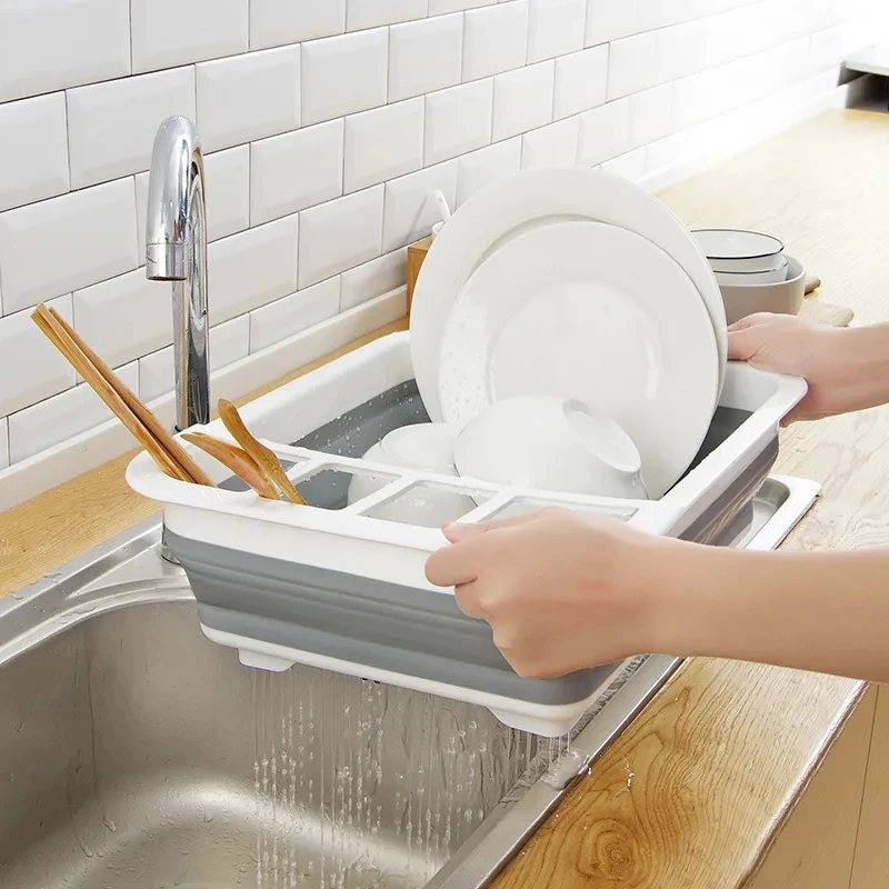 New Kitchen Foldable Dish Rack Storage Water Leakage Tableware Bowl Dinnerware Drain Bowl Tray Home Drying Rack Washable Plastic 3