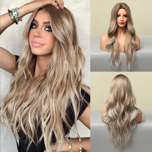 GNIMEGIL Synthetic Long Curly Wigs for Women Ombre Blonde Wig with Bangs Costume Wig for Girls Sexy Blond Wigs with Dark Roots 804-6