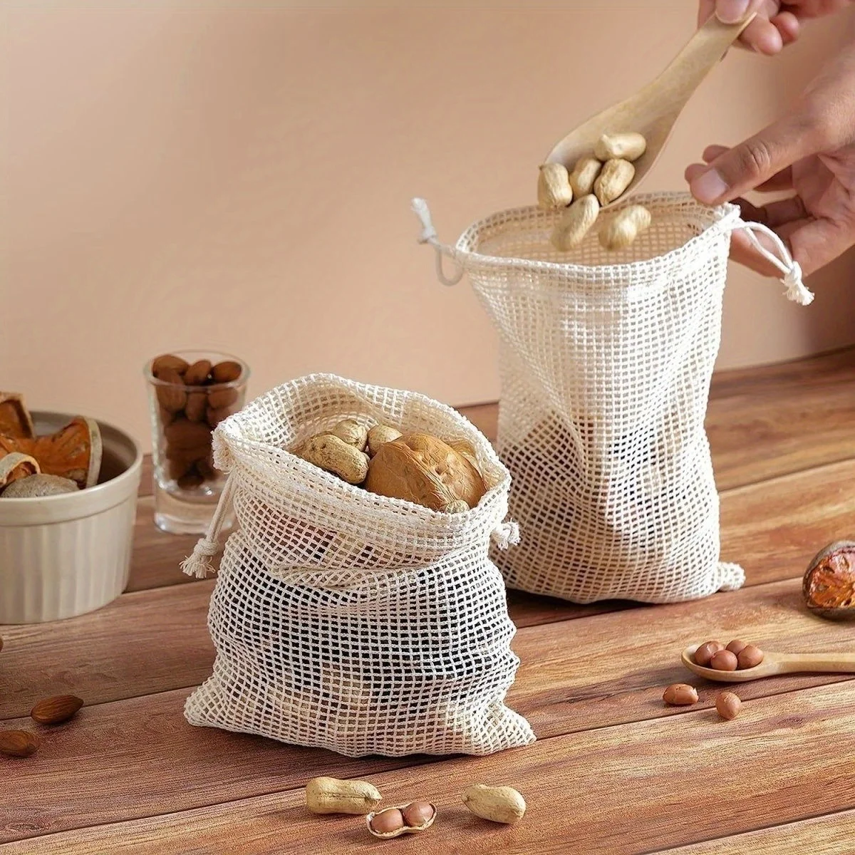 Eco-Friendly Cotton Mesh Produce Bag with Drawstring for Groceries, Vegetables, and Fruits