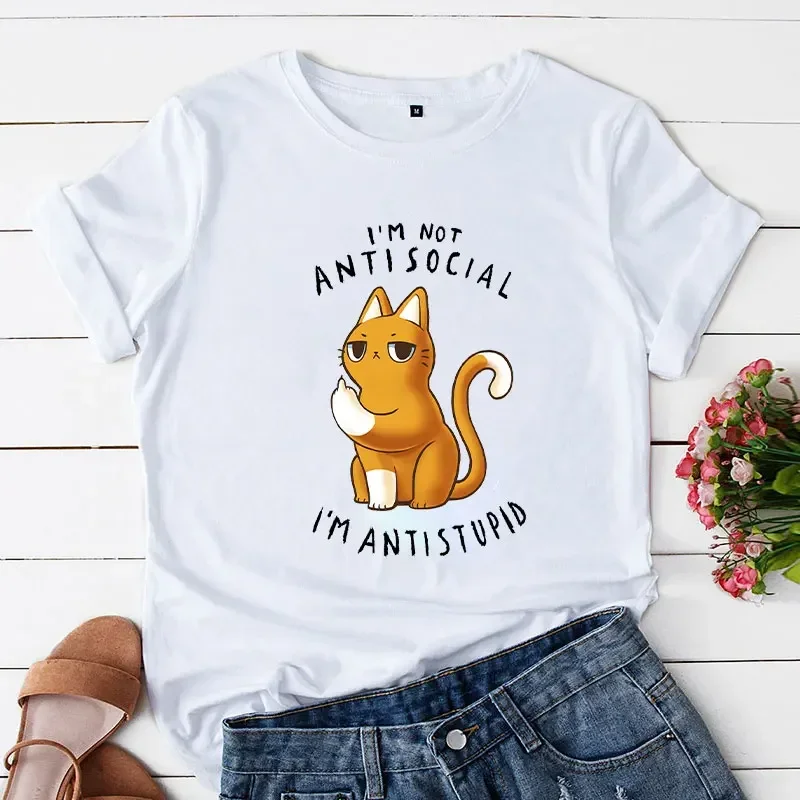 Casual Tees Ladies I'm Not Antisocial I 'm Antistupid Aesthetic Trend Summer Female Clothes Tshirt Tops Women Cat Cartoon Tshirt 4