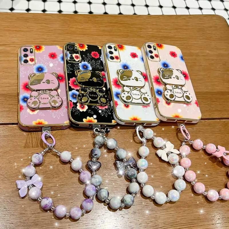 Colorful Flowers Phone Case Set with Lanyard and Rabbit Stand
