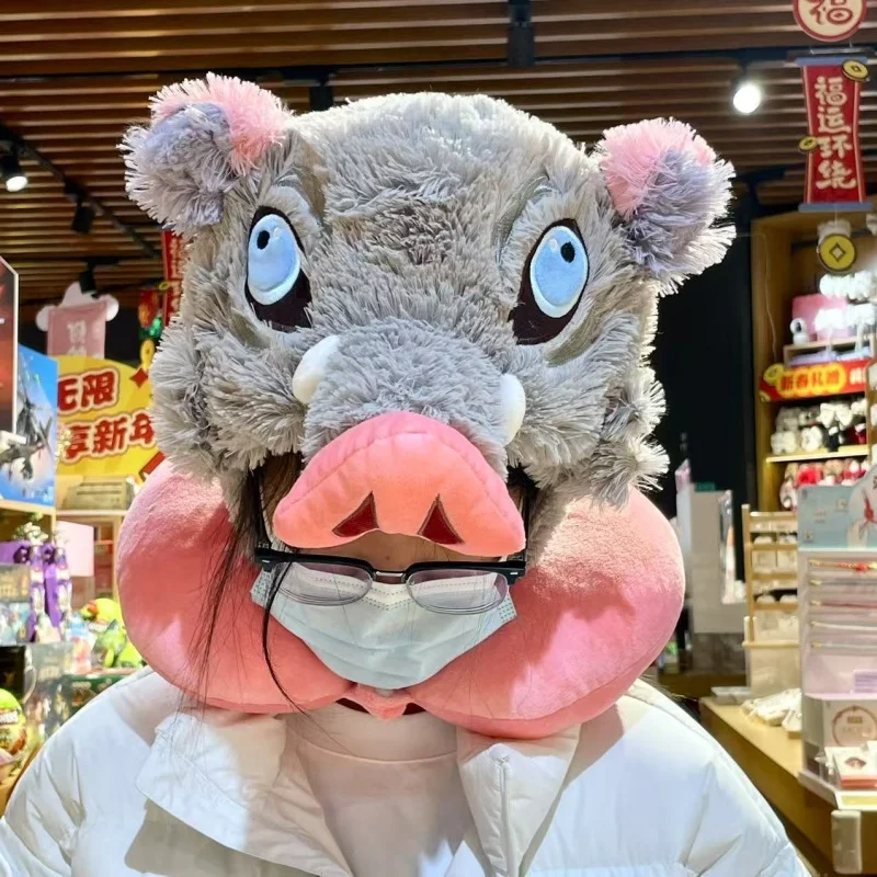 Cosplay Prop Wild Boar Head Plush Hat Hashibira Inosuke Plushies U-shaped Pillow Warm Stuffed Pig Headgear Kid Gift