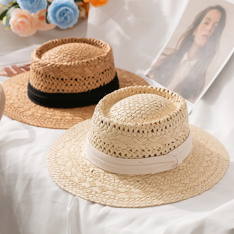 

2024 Ladies Summer Hollow Black Sunshade Sun Blank Ribbon Cowboy Fedora Plain Crochet Paper Straw Hat Beach Cap For Women