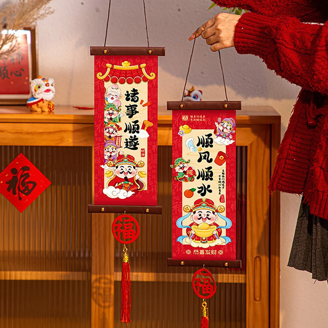 2Pcs Red New Year Wall Pendant Traditional Blessing Words Spring Festival Couplet Chinese Style 2026 Year Door Hanging Decor