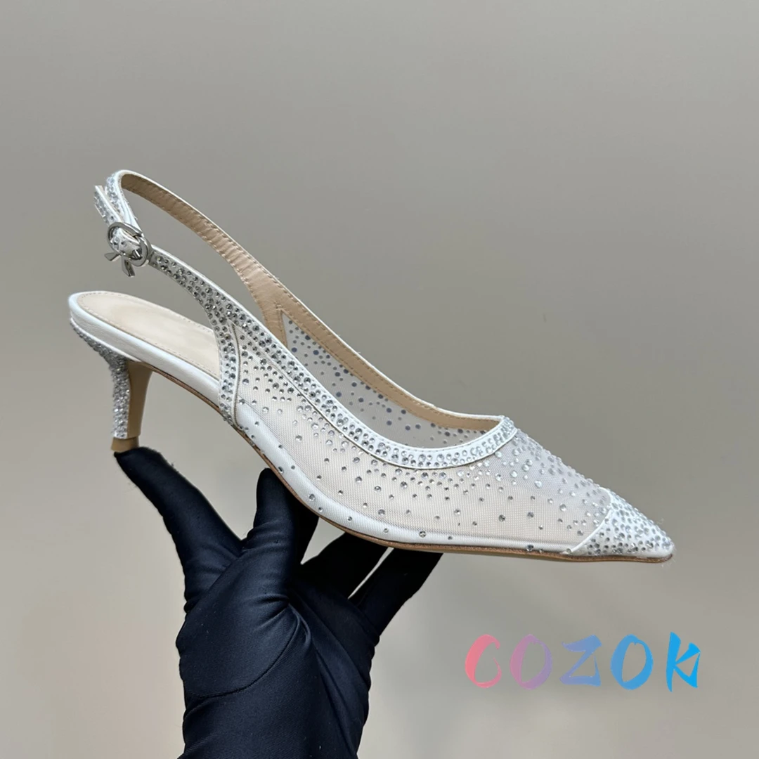 Sexy Gold Mesh Pointed Toe Crystal Inlaid Slingbacks Back Trip Strap Dress Shoes Women Large Size High Heel Sandals Summer