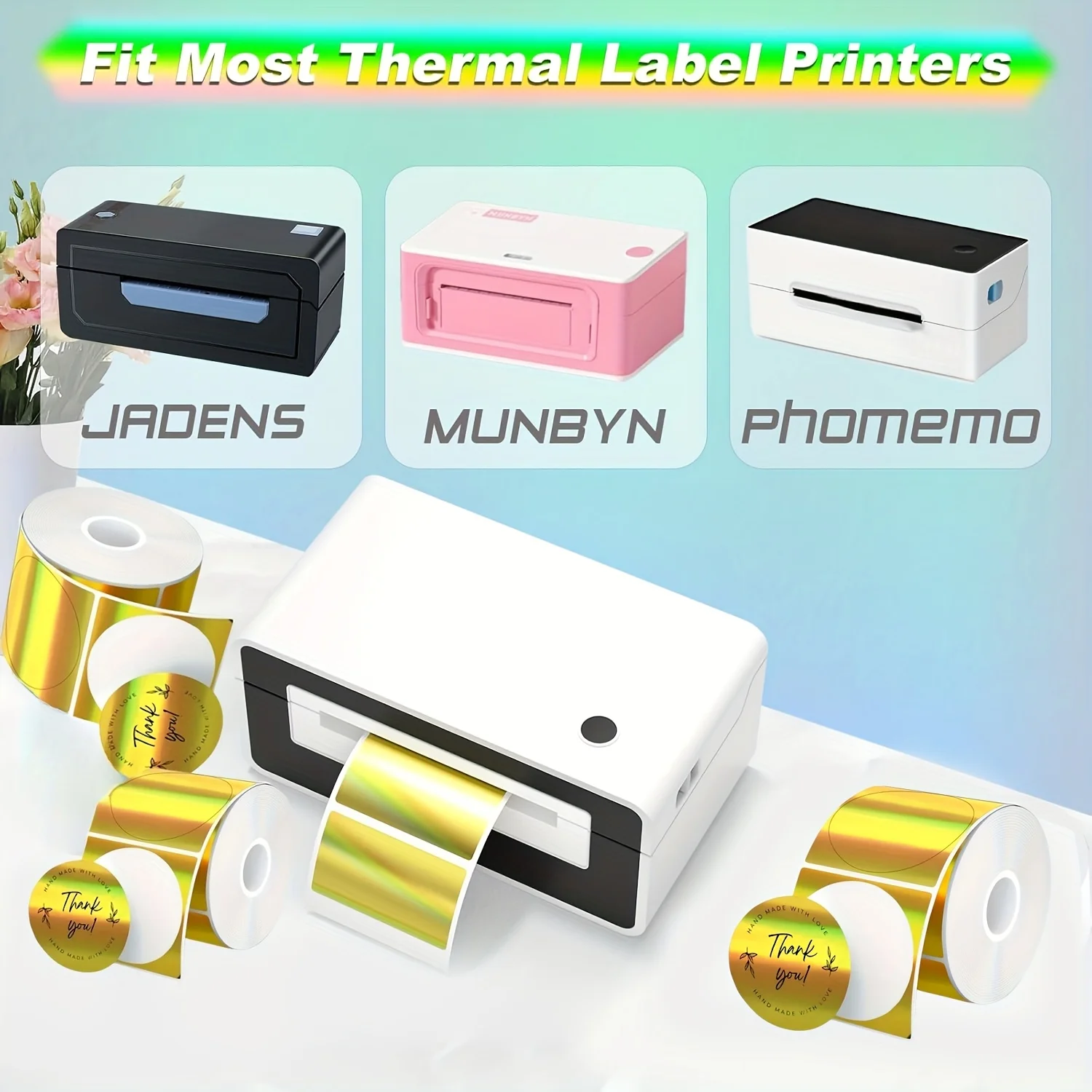 Holographic Thermal Transfer Labels - Golden Glossy Self-Adhesive Stickers with Holographic Effect, Compatible with M110