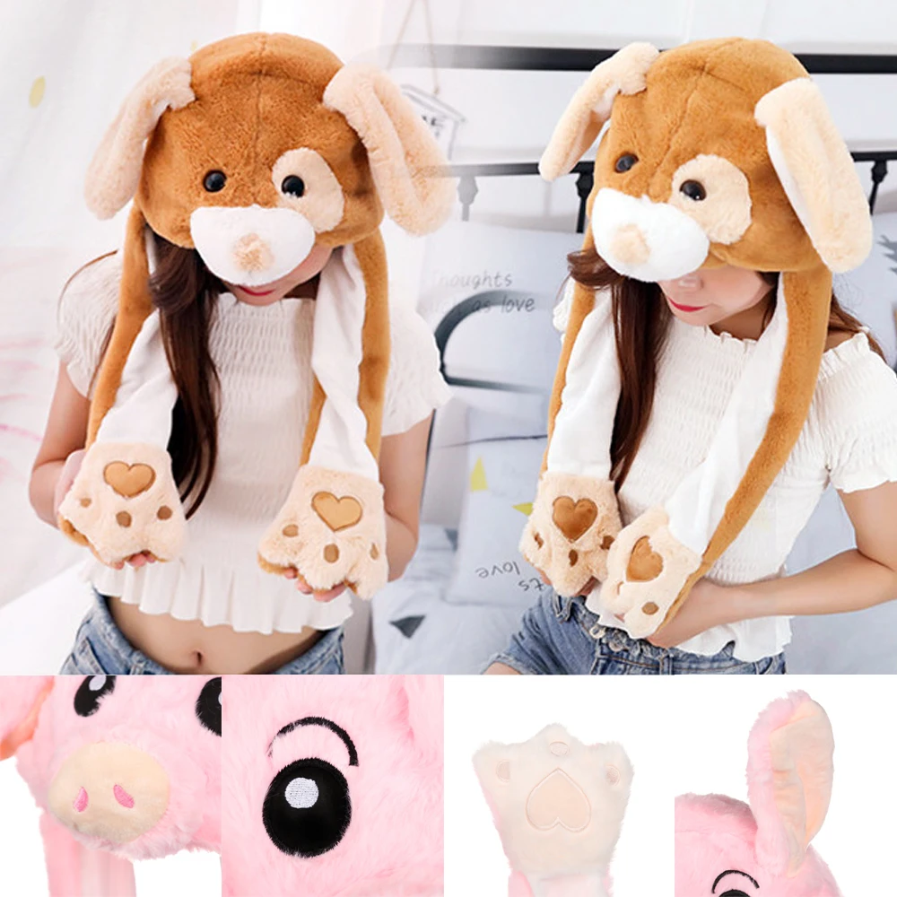 Women Girls Soft Warm Moving Jumping Rabbit Pinch Airbag Animals Ear Hat Funny Cap Plush 3