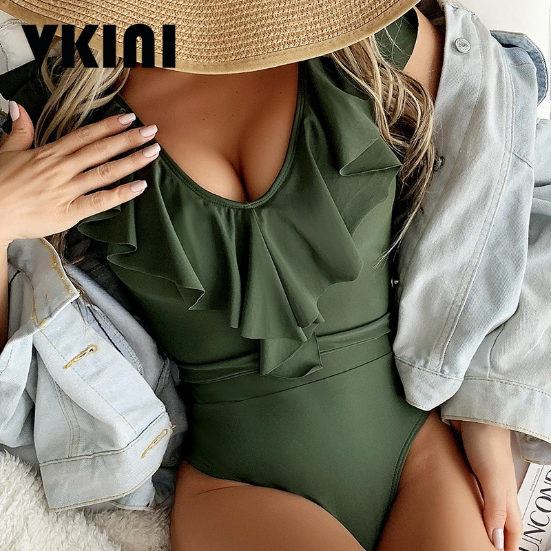 bathing suit sets Sexy Ruffle Swimsuit One Piece Swimwear Women 2022 Summer Push Up Bathing Suit Solid Swimming Suit Monokini Beach Wear three piece bikini