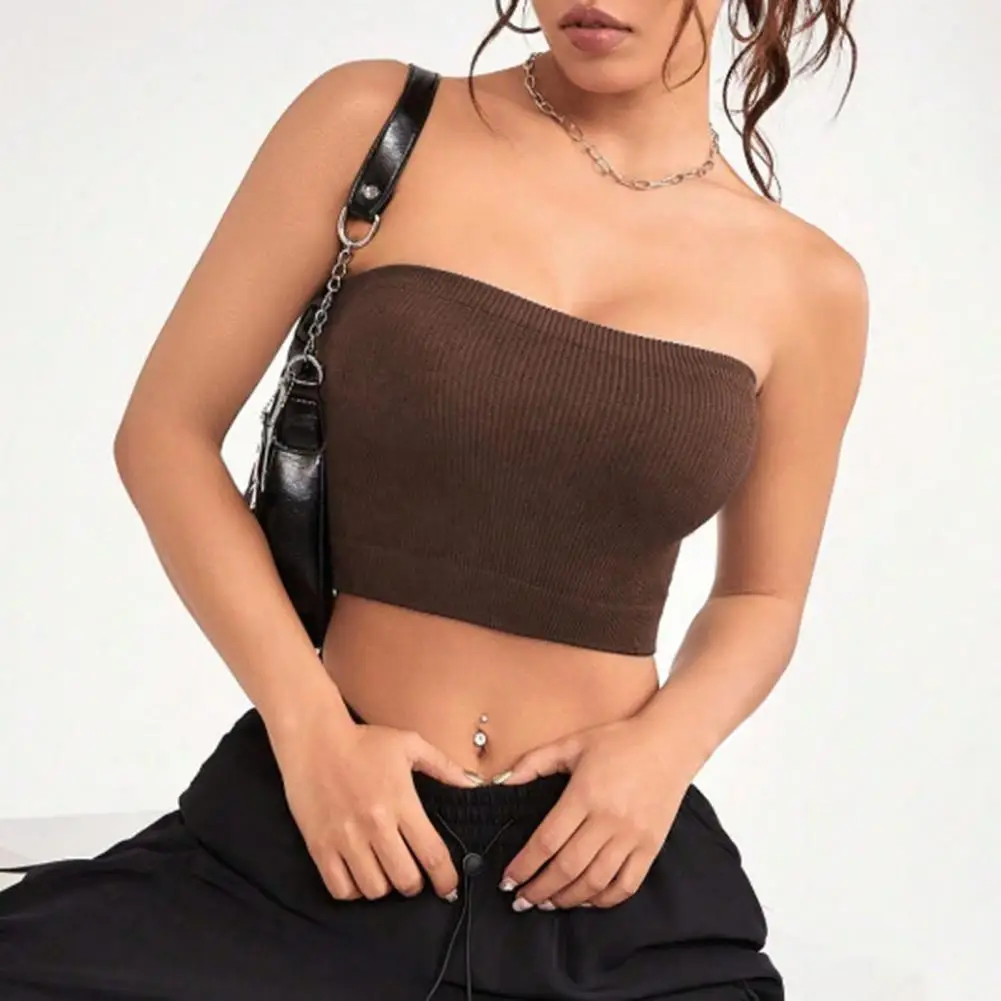 Women Ribbed Vest High Elasticity Anti-slip Bandeau Strapless Solid Color Dressy Tank Top Women Casual Strapless Tank Top