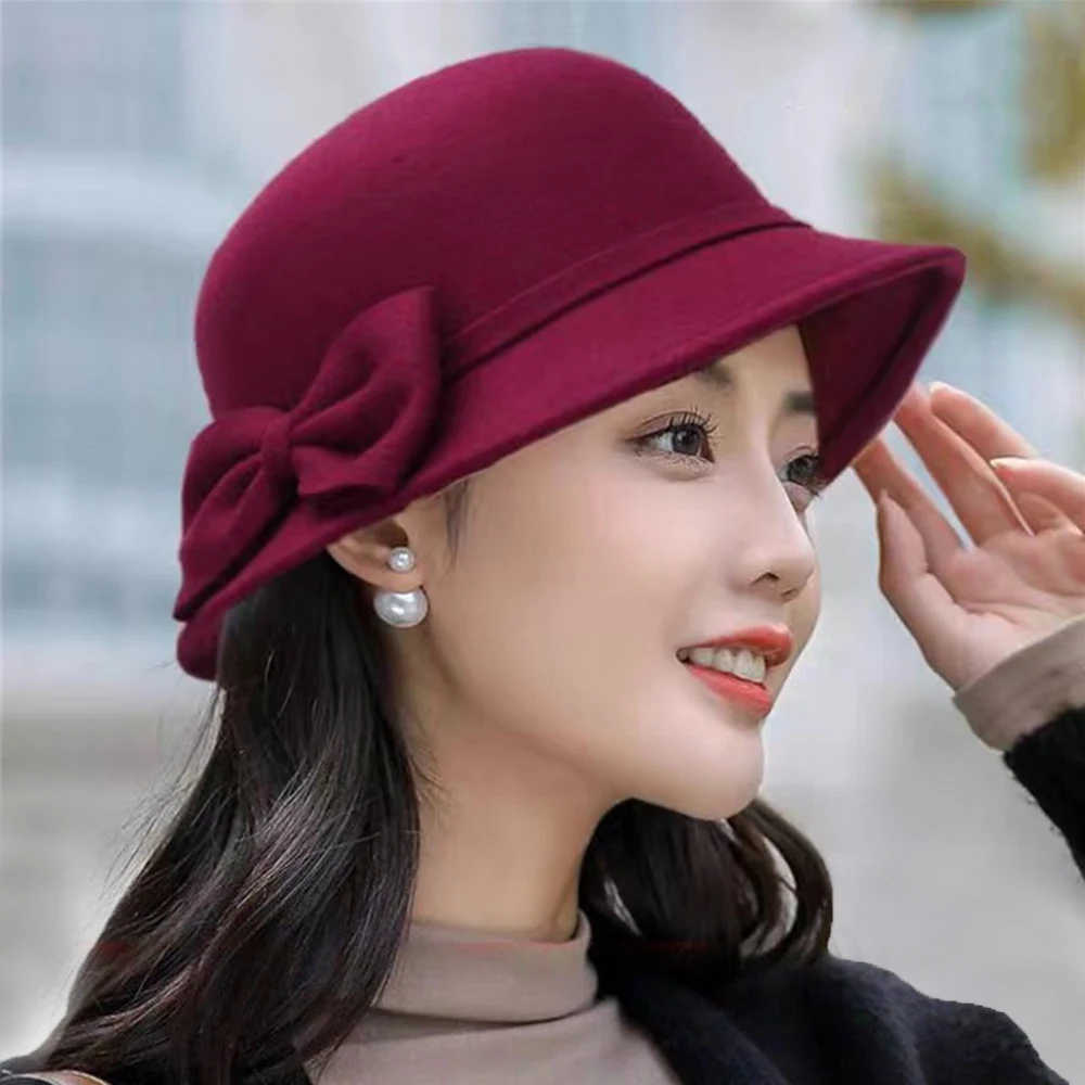 

Winter Wool Flat Top Hat For Women's Felt Wide Brim Fedora Hat bows Jazz Cap Elegant Panama Cap British Bowler Fedora Hats