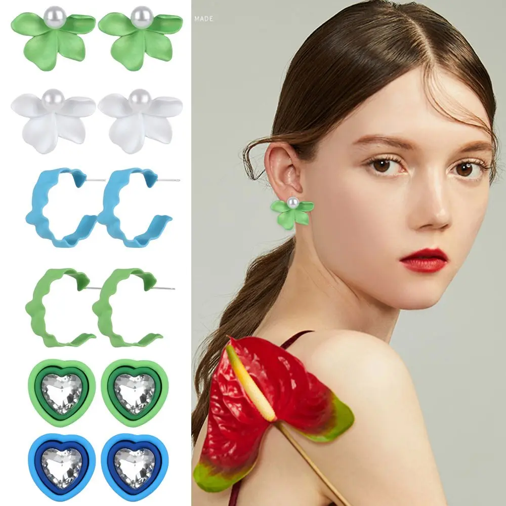 Creative temperament ornaments green white blue ear studs irregular