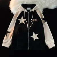 American Fashion Brand Retro Sweatshirt Star Corduroy Couple Jacket Women Color Block Y2K Embroidered Cardigan Hooded Sweatshirt 2