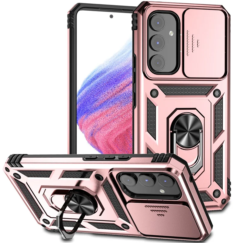 Durable Armor Case with Ring Holder and Slide Lens Protection