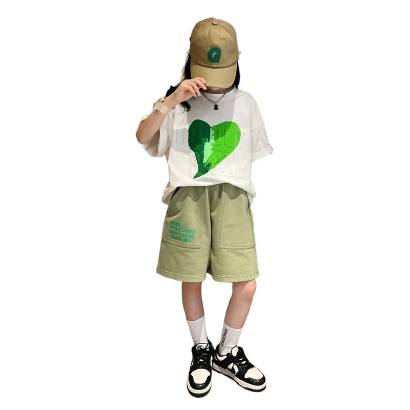 

Teen Girls Clothes Summer Fashion Crewneck Love Print T-shirt + Elastic Waist Letter Shorts 2pcs Casual Outfit Kids Wear 4-14Yrs