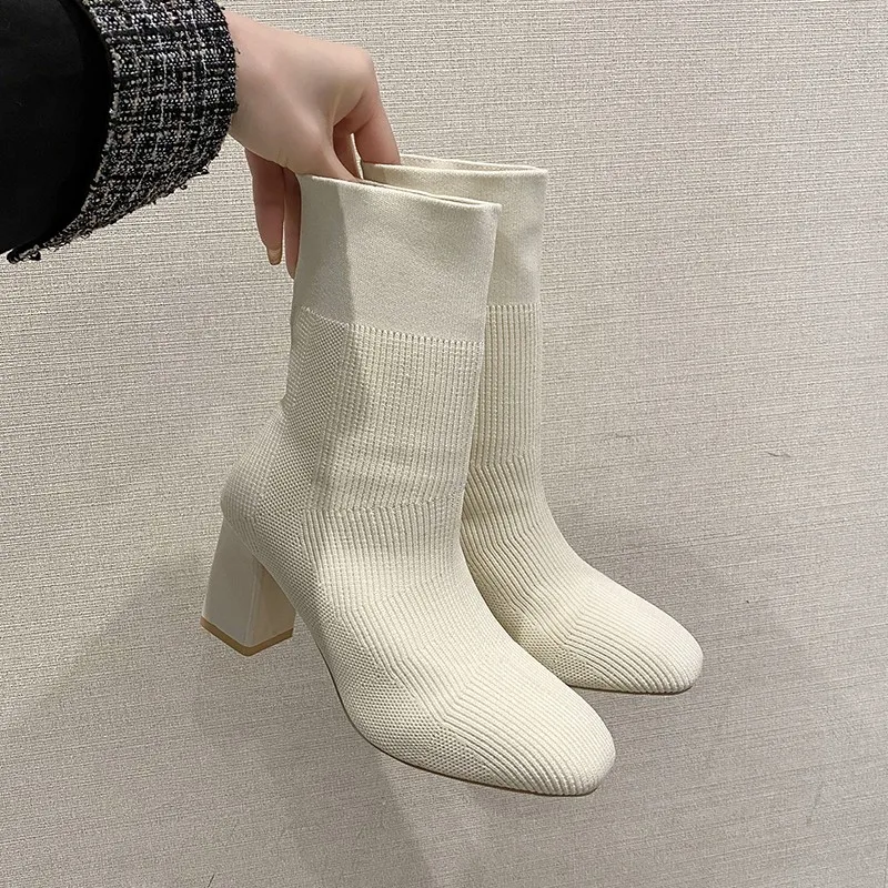 

New Knit Fabric Booties Women Autumn Winter Stretchy Knit Fabric High Heels Boot Calf Shoes Slip on Square Toe